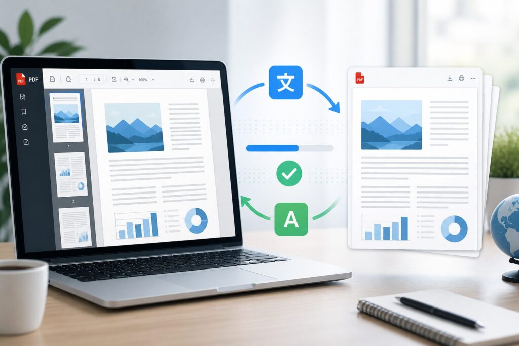 Person translating a PDF document on a laptop with language icons nearby