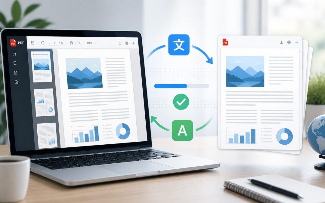 Person translating a PDF document on a laptop with language icons nearby
